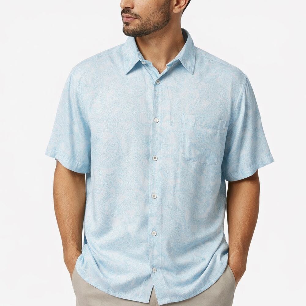 Island Republic Mens Silk Blend Button Up Blue Paisley Resort Vacation Large